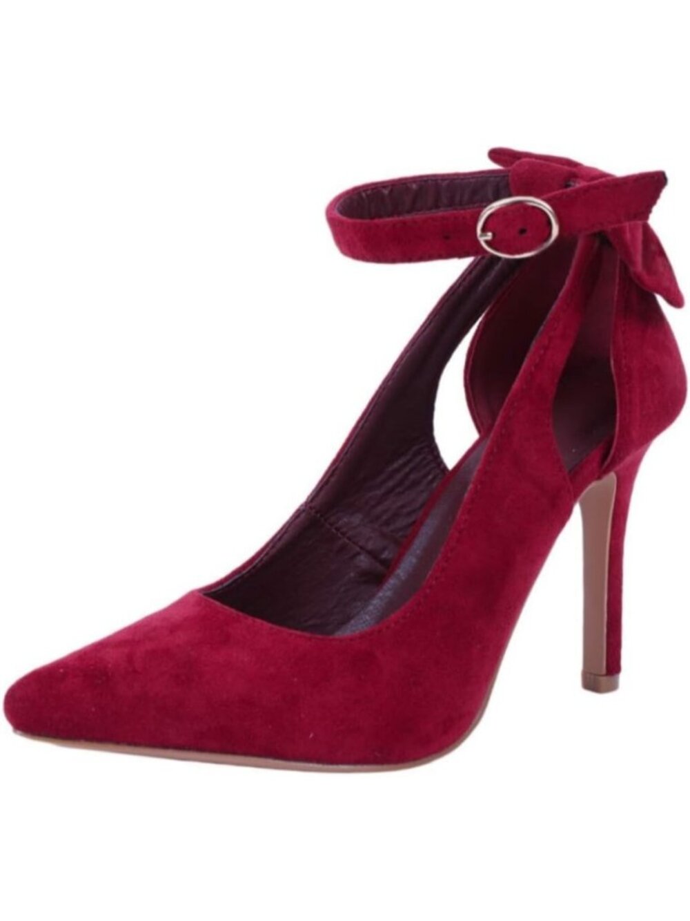 Women's Wine Red Pointed Toe High Heel Ankle Strap Pumps Bowtie Back Dress Shoes